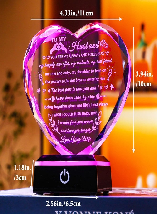YWHL Gifts for Husband from Wife with Colorful LED Base Anniversary Birthday Gifts for Husband to My Husband Crystal Heart keepsake I Love You Gifts for Him on Valentine Christmas Fathers Day - Image 5